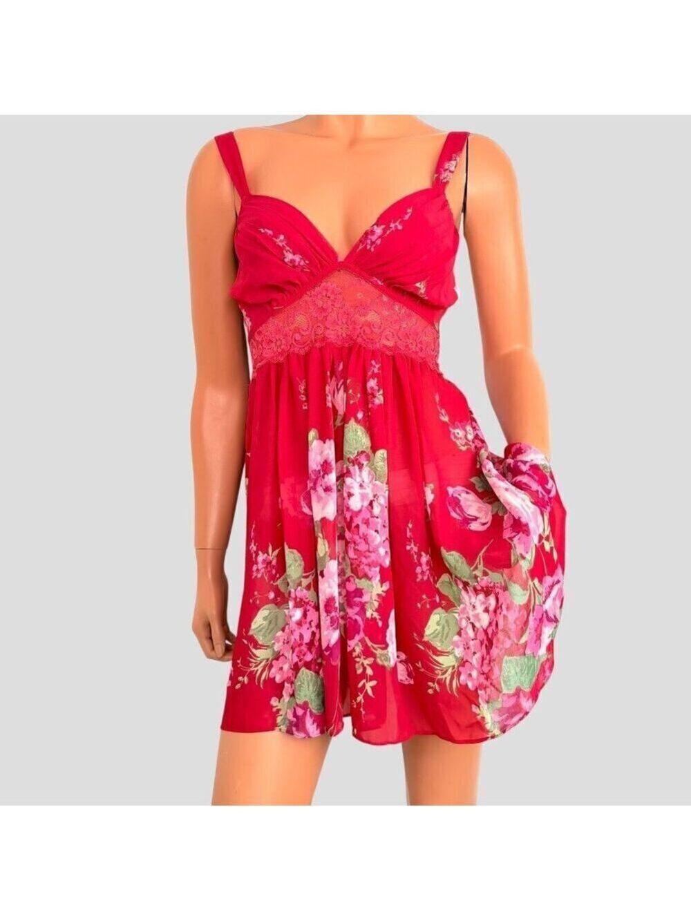 9Os Babydoll Slip Dress M Sheer‎ Red Floral Y2K Fairy Whimsigoth Etherial Goth